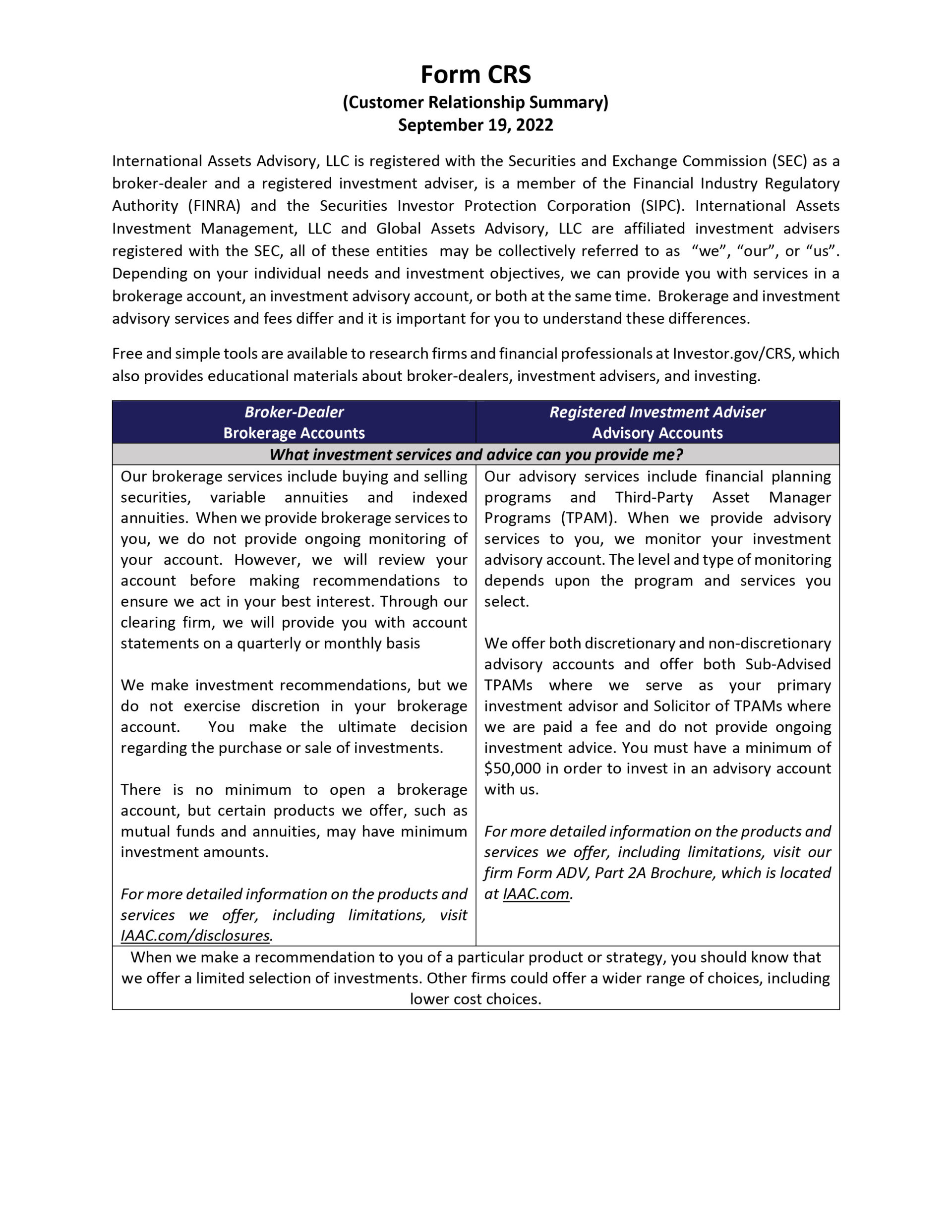 Form CRS International Assets Advisory